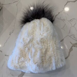 Surell Rex Rabbit Textile Knit Beanie with Fox Pom - 100% Real Fur